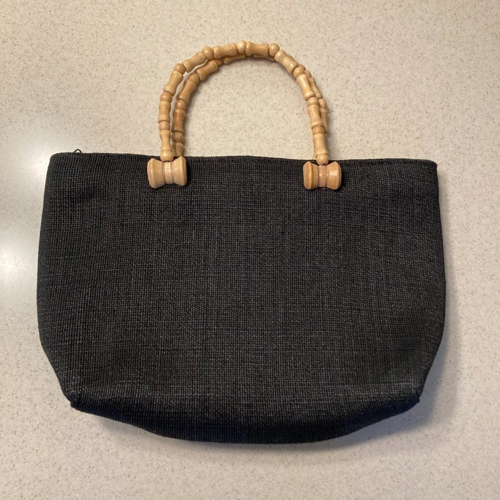 Vintage ~ Black Linen Fabric Hand Bag ~ Beaded Wood Handles ~ Classic & Unique